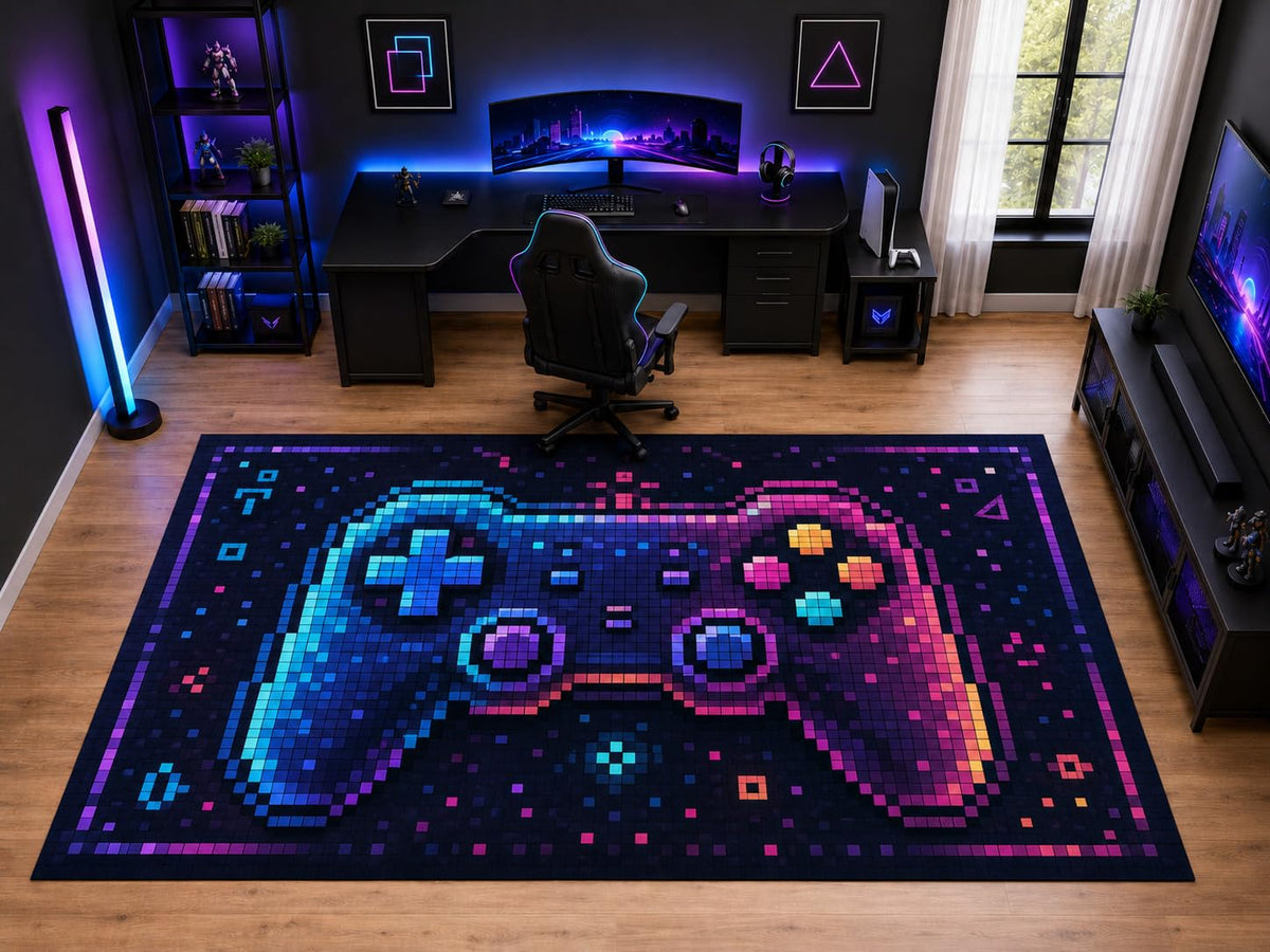 ICE ARMOR "Ultra Light Weight Large 6'7" x 9'10" Pixel Game Controller Area Rug for Kids Room Bedroom, Soft Low Pile Indoor Rug and Non-Slip Silicone Backing, Black