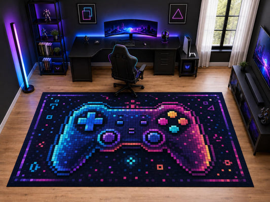 ICE ARMOR "Ultra Light Weight Large 6'7" x 9'10" Pixel Game Controller Area Rug for Kids Room Bedroom, Soft Low Pile Indoor Rug and Non-Slip Silicone Backing, Black