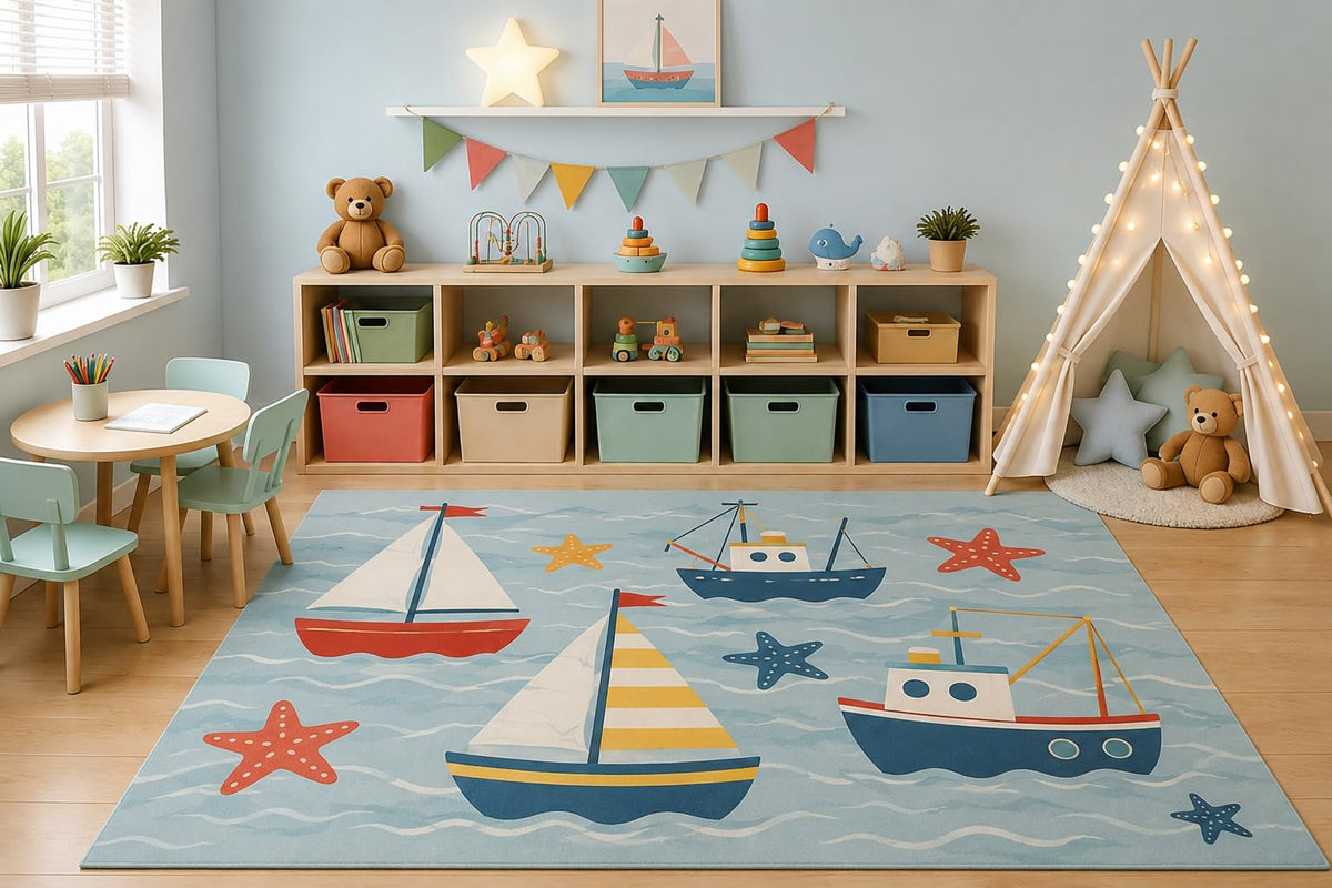 ICE ARMOR 5' x 7' Ocean Boats Area Rug for Kids Playroom Nursery Bedroom, Sailboats Fishing Boats Sea Animals Nautical Cartoon Carpet, Non-Slip Silicone Backing Low Pile