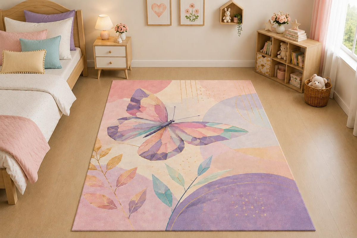 ICE ARMOR "Ultra Thin 5' x 7" Butterfly Leaf Shapes Area Rug for Living Room, Bedroom and Home Office, Soft Low Pile Carpet with Non-Slip Silicone Backing, Pink and Purple