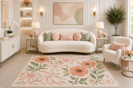 ICE ARMOR "Ultra Light Weight 5' x 7' Peach Poppy Bow Floral Area Rug, Vintage Botanical Cottagecore Rug for Living Room Bedroom Nursery, Non-Slip Silicone Backing Low Pile