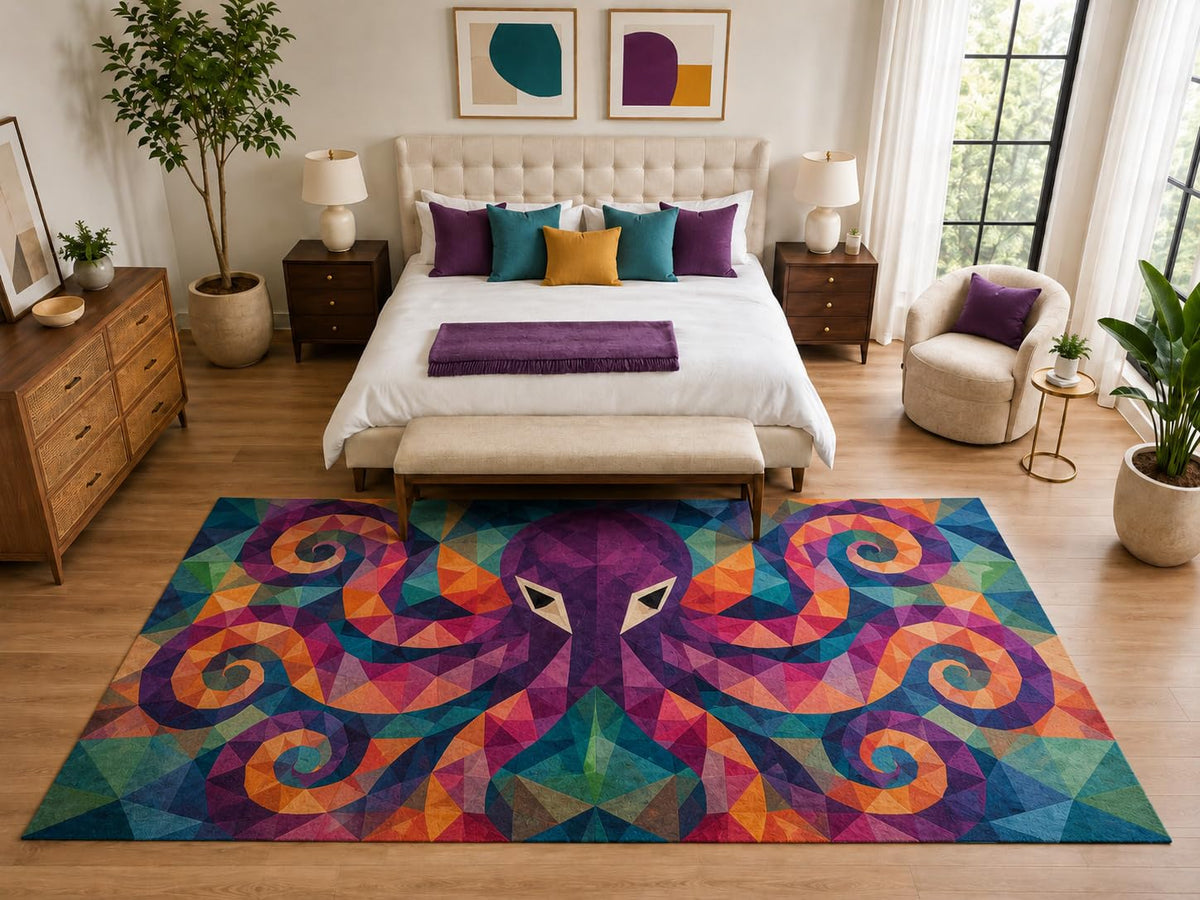 ICE ARMOR "Ultra Light Weight Large 6'7" x 9'10" Bright Geometric Octopus Rug, Soft Low Pile Indoor Rug, Non-Slip Silicone Backing for Playroom Teal