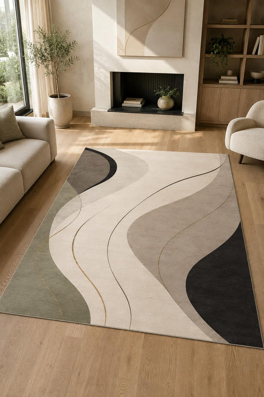 ICE ARMOR "Ultra Light Weight Large 6'7" x 9'10" Abstract Wavy Line Area Rug, Soft Low Pile Indoor Rug with Non-Slip Silicone Backing for Living Room Bedroom, Beige
