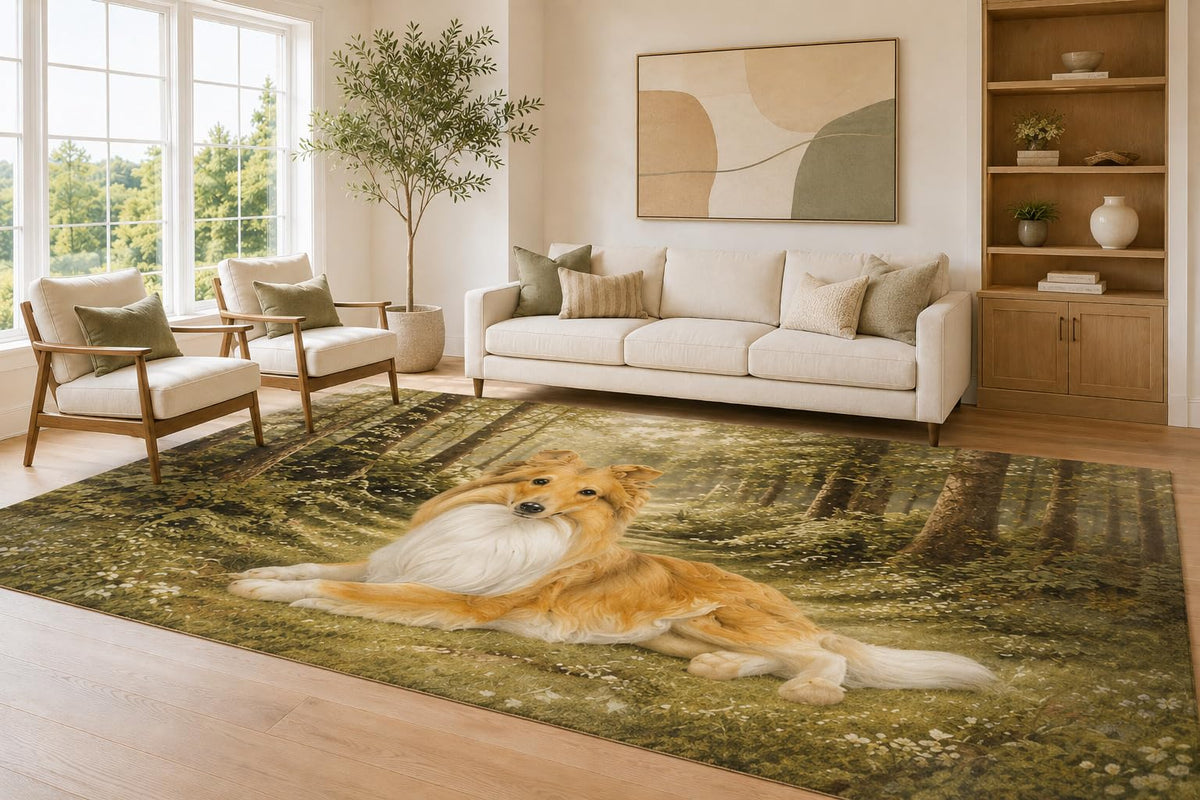 ICE ARMOR Large 6'7" x 9'10" Olive and Cream Forest Collie Dog Area Rug for Living Room, Soft Low Pile Carpet with Non-Slip Silicone Backing, Decor for Bedroom Dining Room and Home Office