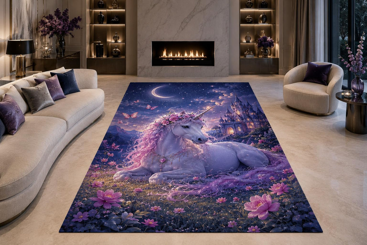 ICE ARMOR "Ultra Lightweight Large 6'7" x 9'10" Crescent Moon Unicorn Area Rug for Living Room, Bedroom and Home Office, Soft Low Pile Carpet with Non-Slip Silicone Backing, Purple and Blue