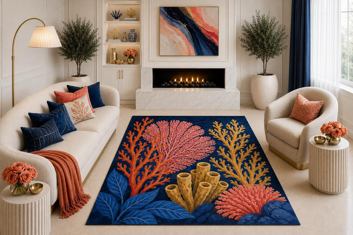 ICE ARMOR "Ultra Light Weight 5' x 7' Navy Coral Reef Area Rug, Orange Pink Coastal Ocean Botanical Art for Living Room Bedroom Beach House Decor, Non-Slip Silicone Backing Low Pile
