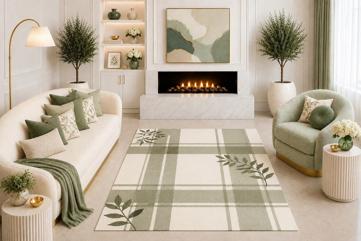 ICE ARMOR "Ultra Light Weight 5' x 7' Sage Green Botanical Plaid Area Rug Leaf Pattern Modern Farmhouse Living Room Bedroom Dining Room Non-Slip Silicone Backing Low Pile