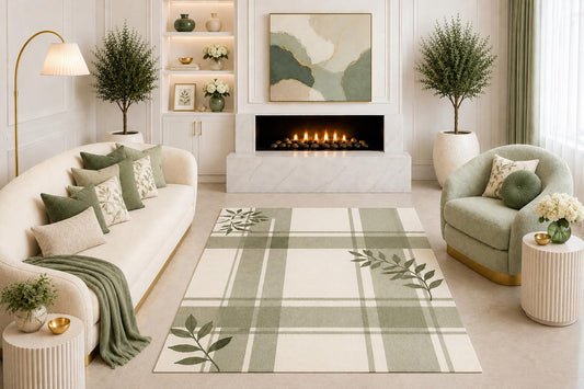 ICE ARMOR "Ultra Light Weight 5' x 7' Sage Green Botanical Plaid Area Rug Leaf Pattern Modern Farmhouse Living Room Bedroom Dining Room Non-Slip Silicone Backing Low Pile