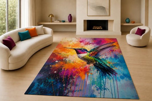 ICE ARMOR "Ultra Lightweight Large 6'7" x 9'10" Hummingbird Splash Area Rug for Living Room, Bedroom and Home Office, Soft Low Pile Carpet with Non-Slip Silicone Backing, Teal and Pink