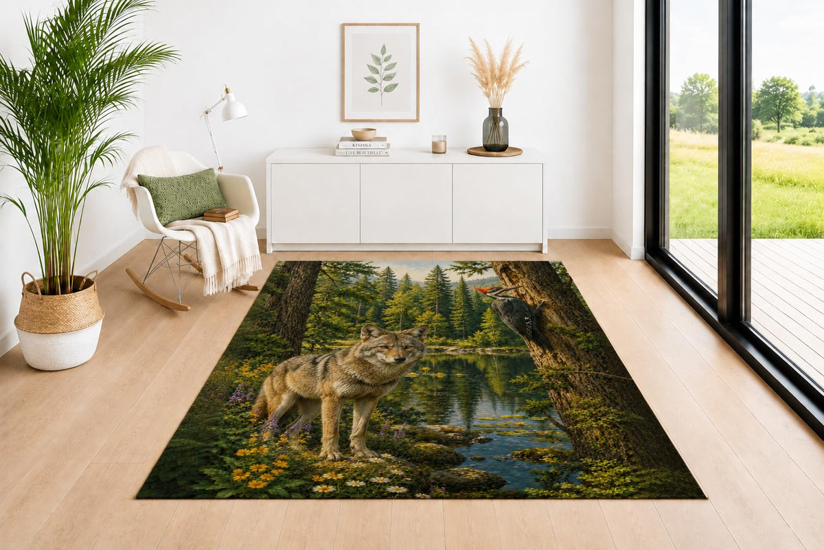 ICE ARMOR 5' x 7' Coyote and Woodpecker Area Rug, Soft Low Pile Indoor Carpet with Non-Slip Silicone Backing for Living Room, Bedroom, Dining Space, Office, Kids & Pets, Green