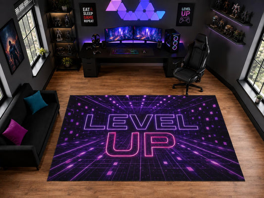 ICE ARMOR "Ultra Light Weight Large 6'7" x 9'10" Level Up Neon Grid Area Rug for Playroom Decor, Soft Low Pile Indoor Rug with Non-Slip Silicone Backing, Black Purple Pink