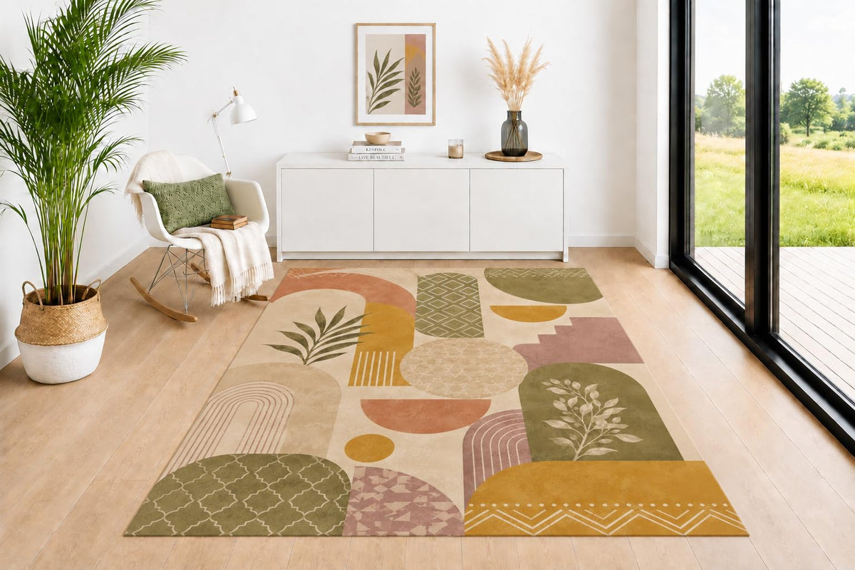 ICE ARMOR 5' x 7' Geometric Area Rug, Arch Leaf Pattern in Sage Green Mustard Terracotta Beige, Neutral Floor Carpet for Living Room Bedroom Office Decor