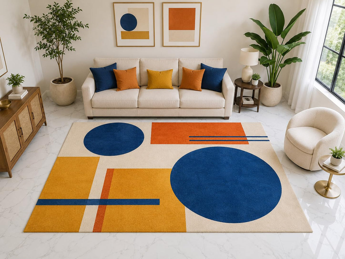 ICE ARMOR "Ultra Light Weight Large 6'7" x 9'10" Circle Geometric Area Rug Carpet Soft Low Pile Indoor Rug and Non-Slip Silicone Backing for Office Blue