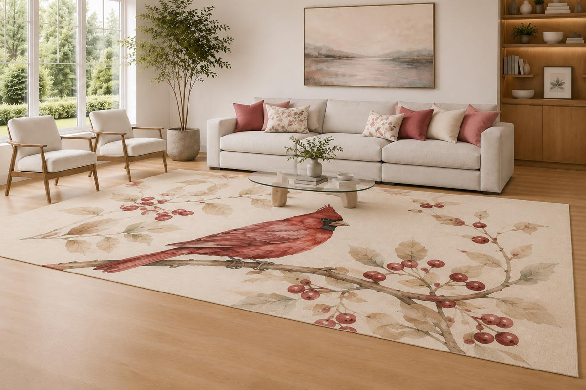 ICE ARMOR Large 6'7" x 9'10" Red and Beige Cardinal Berry Area Rug for Living Room, Soft Low Pile Carpet with Non-Slip Silicone Backing, Winter Bird Decor for Bedroom Home Office