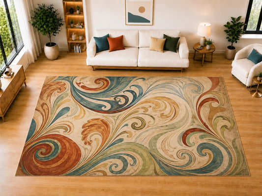 ICE ARMOR "Ultra Light Weight Large 6'7" x 9'10" Flowing Swirl Area Rug for Living Room Bedroom Dining Room, Soft Low Pile Non-Slip Backing, Teal Rust Sage Cream Decorative Floor Decor