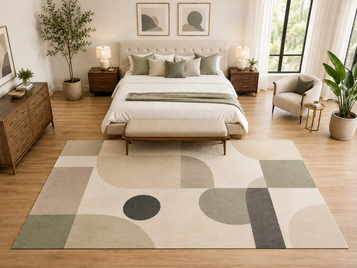 ICE ARMOR "Ultra Light Weight Large 6'7" x 9'10" Minimal Organic Shapes Rug, Soft Low Pile Indoor Rug, Non-Slip Silicone Backing for Bedroom Beige