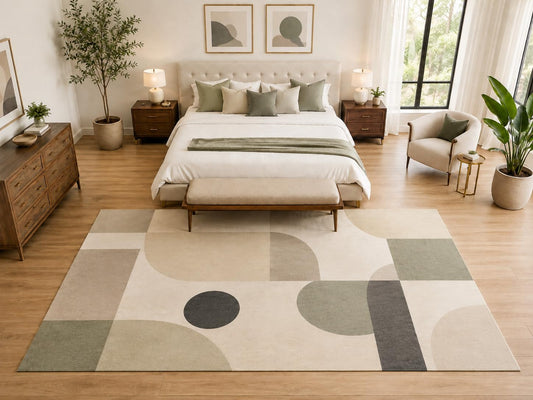 ICE ARMOR "Ultra Light Weight Large 6'7" x 9'10" Minimal Organic Shapes Rug, Soft Low Pile Indoor Rug, Non-Slip Silicone Backing for Bedroom Beige