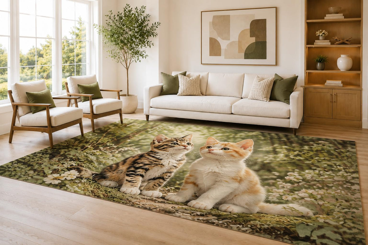 ICE ARMOR Large 6'7" x 9'10" Sage and Cream Kitten Pair Area Rug for Living Room, Soft Low Pile Carpet with Non-Slip Silicone Backing, Decor for Bedroom Dining Room and Home Office