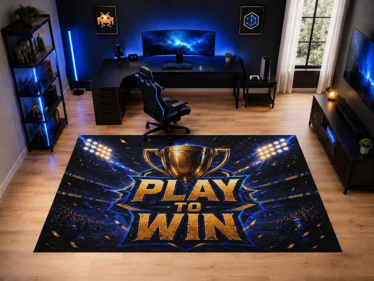 ICE ARMOR "Ultra Light Weight Large 6'7" x 9'10" Play to Win Trophy Rug, Soft Low Pile Indoor Rug, Non-Slip Silicone Backing for Game Room Blue