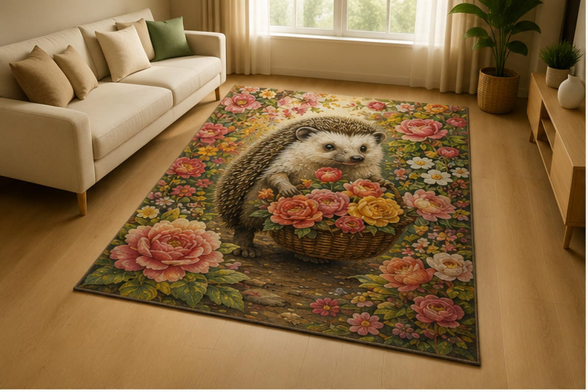 ICE ARMOR 5' x 7' Hedgehog Rose Basket Area Rug for Living Room, Soft Low Pile Indoor Rug with Non-Slip Silicone Backing, Woodland Floral Decor for Bedroom, Nursery, Kids Room, Kids & Pets, Pink