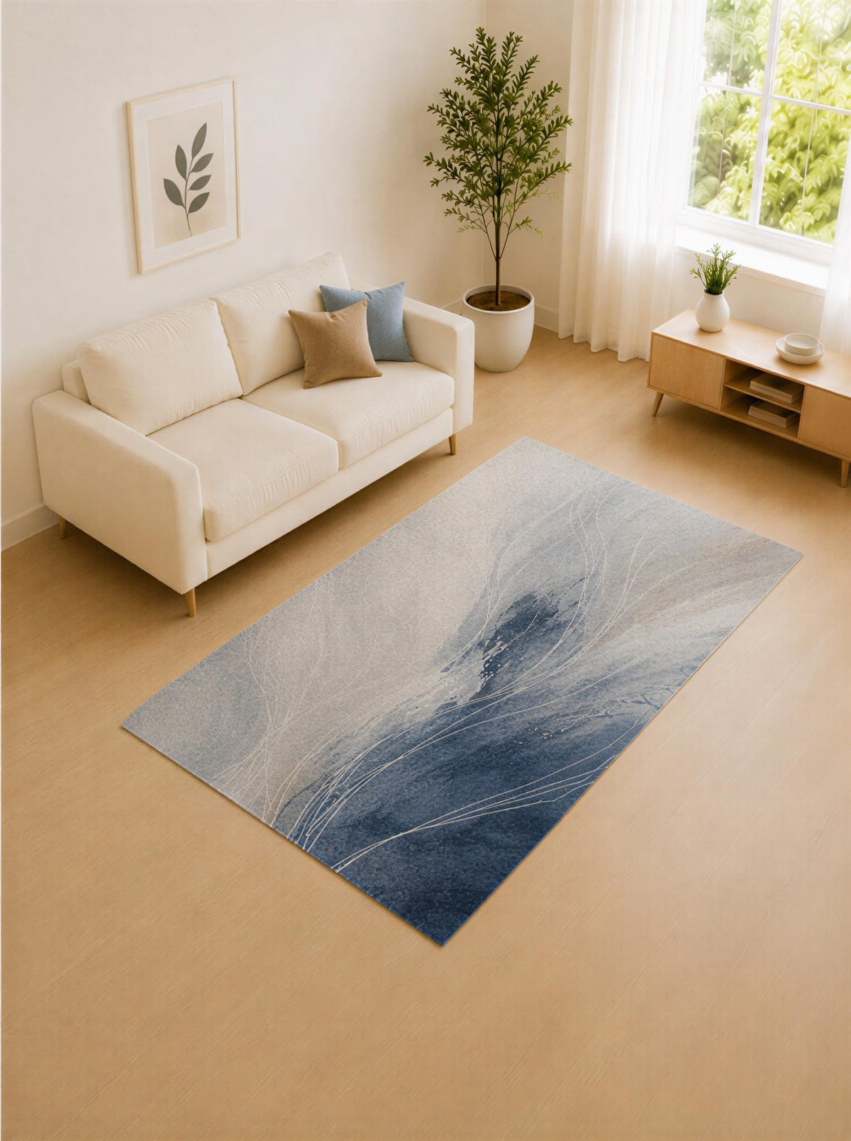 ICE ARMOR 5' x 7' Slate Blue and Ivory Linear Flow Area Rug for Living Room, Soft Low Pile Carpet with Non-Slip Silicone Backing, Decor for Bedroom and Home Office
