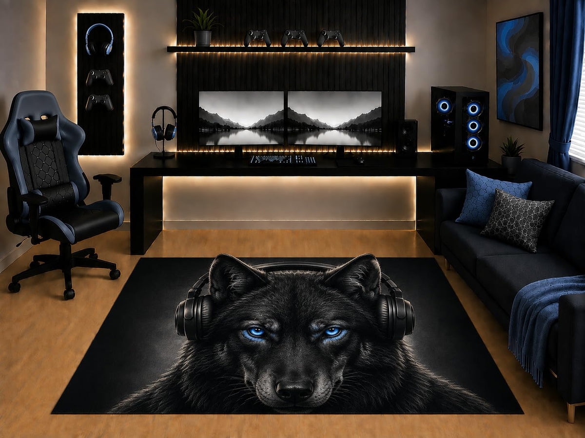 ICE ARMOR "Ultra Light Weight 5' x 7' Black Wolf Blue Eyes Headphones Area Rug Realistic Gamer Art for Gaming Room Bedroom Living Room Non-Slip Silicone Backing Low Pile