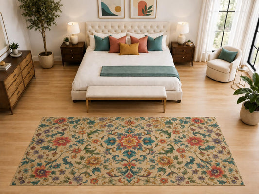 ICE ARMOR "Ultra Light Weight Large 6'7" x 9'10" Vintage Floral Garden Rug, Soft Low Pile Indoor Rug, Non-Slip Silicone Backing for Bedroom Beige