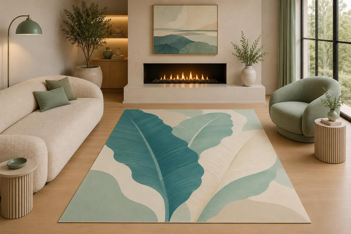 ICE ARMOR 5' x 7' Minimalist Tropical Leaf Area Rug Scandinavian Botanical Banana Leaf Modern Living Room Bedroom Nursery Decor Non-Slip Silicone Backing Low Pile