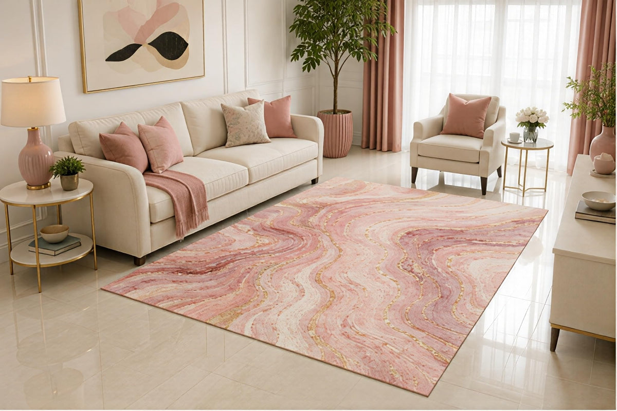 ICE ARMOR 5' x 7' Pink Marble Area Rug, Blush Abstract Gold Vein Stone Design for Living Room Bedroom Office, Non-Slip Silicone Backing, Low Pile Carpet