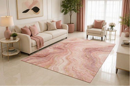 ICE ARMOR 5' x 7' Pink Marble Area Rug, Blush Abstract Gold Vein Stone Design for Living Room Bedroom Office, Non-Slip Silicone Backing, Low Pile Carpet