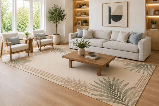 ICE ARMOR Large 6'7" x 9'10" Sage Green and Ivory Palm Leaf Border Area Rug for Living Room, Soft Low Pile Carpet with Non-Slip Silicone Backing, Decor for Bedroom, Dining Area and Home Office