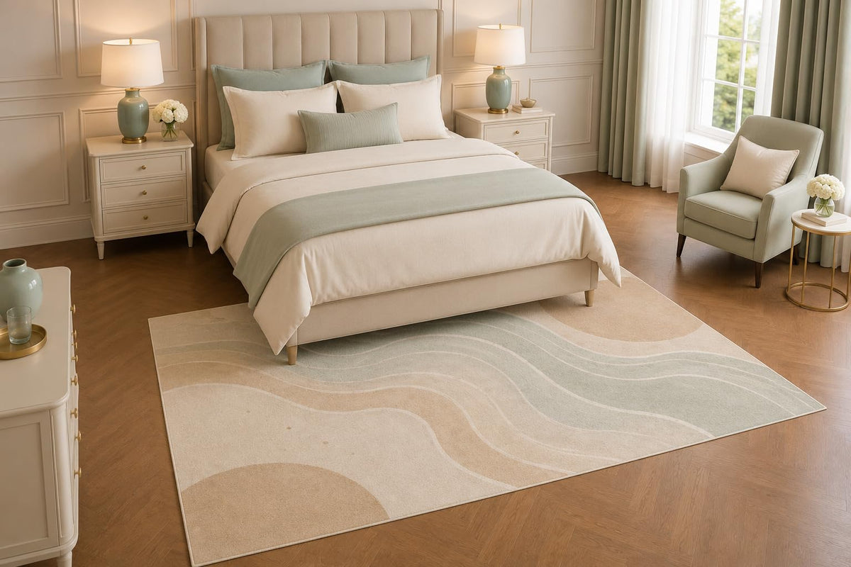 ICE ARMOR 5' x 7' Abstract Wave Area Rug, Soft Beige Sage Green Modern Living Room Bedroom Decor, Non-Slip Silicone Backing Low Pile Carpet