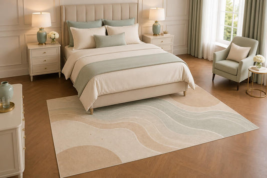 ICE ARMOR 5' x 7' Abstract Wave Area Rug, Soft Beige Sage Green Modern Living Room Bedroom Decor, Non-Slip Silicone Backing Low Pile Carpet