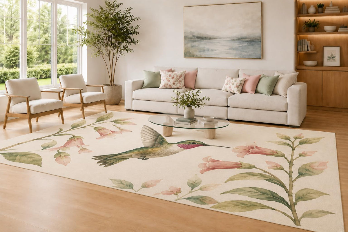 ICE ARMOR Large 6'7" x 9'10" Blush Pink and Green Hummingbird Floral Area Rug for Living Room, Soft Low Pile Carpet with Non-Slip Silicone Backing, Bird Flower Decor for Bedroom Home Office