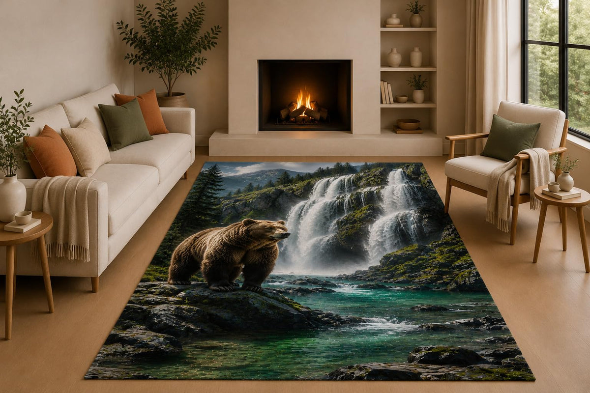 ICE ARMOR 5' x 7' Bear Waterfall Nature Area Rug with Non-Slip Silicone Backing Low Pile Soft Carpet for Living Room Cabin Bedroom Wildlife Forest Landscape Decor
