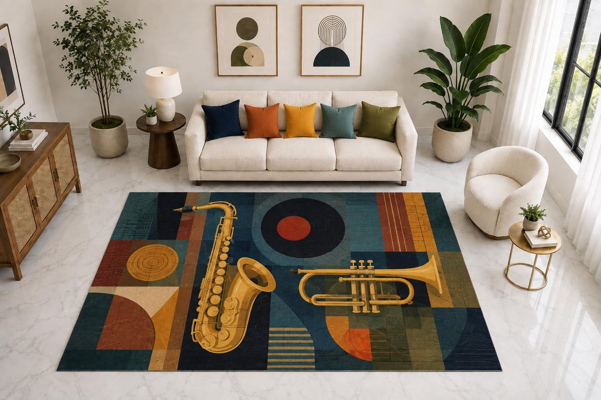 ICE ARMOR "Ultra Light Weight Large 6'7" x 9'10" Saxophone Trumpet Art Rug, Soft Low Pile Indoor Rug, Non-Slip Silicone Backing for Living Room Blue