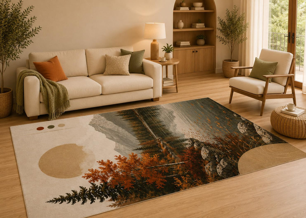 ICE ARMOR 5' x 7' Autumn Mountain Forest Area Rug with Non-Slip Silicone Backing Low Pile Soft Carpet for Living Room Bedroom Rustic Landscape Decor