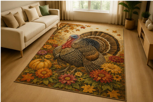 ICE ARMOR 5' x 7' Thanksgiving Turkey Pumpkin Floral Area Rug for Living Room, Soft Low Pile Indoor Rug with Non-Slip Silicone Backing, Autumn Farm Decor for Bedroom, Family Room, Brown Multicolor