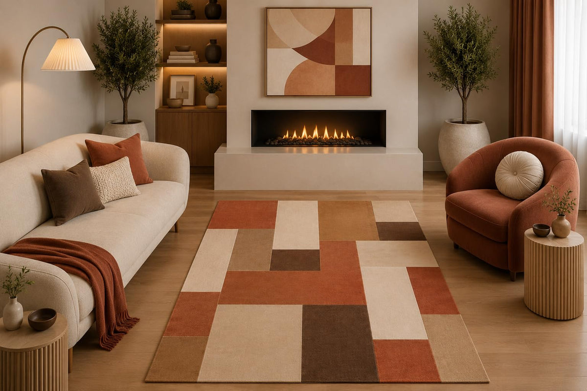 ICE ARMOR 5' x 7' Mid Century Modern Area Rug Abstract Terracotta Brown Beige Color Block Design for Living Room Bedroom Dining Room Office Non-Slip Silicone Backing Low Pile