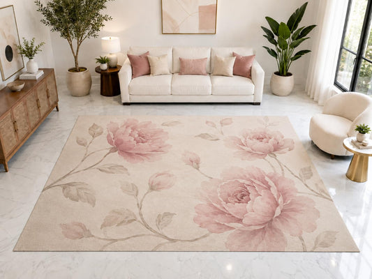 ICE ARMOR "Ultra Light Weight Large 6'7" x 9'10" Pink Peony Garden Rug, Soft Low Pile Indoor Rug, Non-Slip Silicone Backing for Bedroom Pink Cream