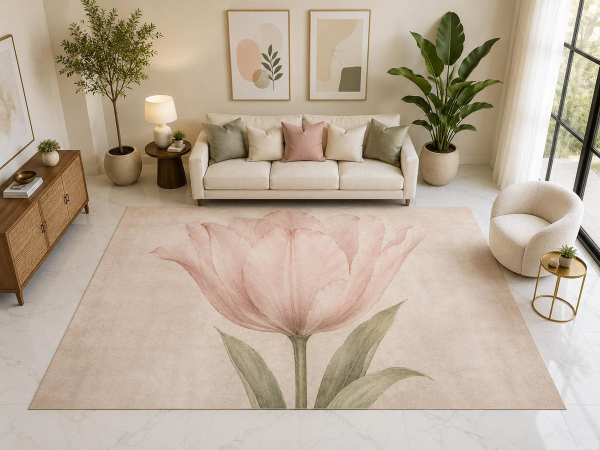 ICE ARMOR "Ultra Light Weight Large 6'7" x 9'10" Pink Tulip Botanical Rug, Soft Low Pile Indoor Rug, Non-Slip Silicone Backing for Living Room Pink