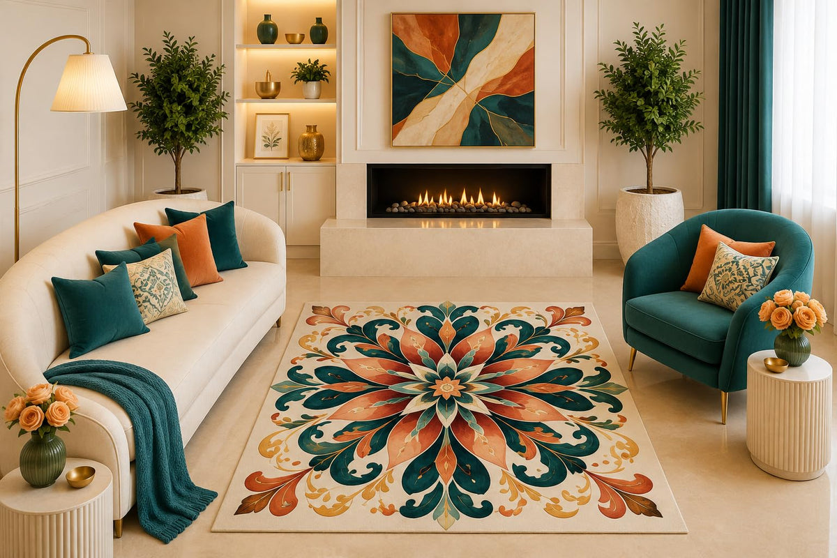 ICE ARMOR "Ultra Light Weight 5' x 7' Teal Terracotta Floral Mandala Area Rug Boho Ornamental Medallion Living Room Bedroom Dining Room Non-Slip Silicone Backing Low Pile
