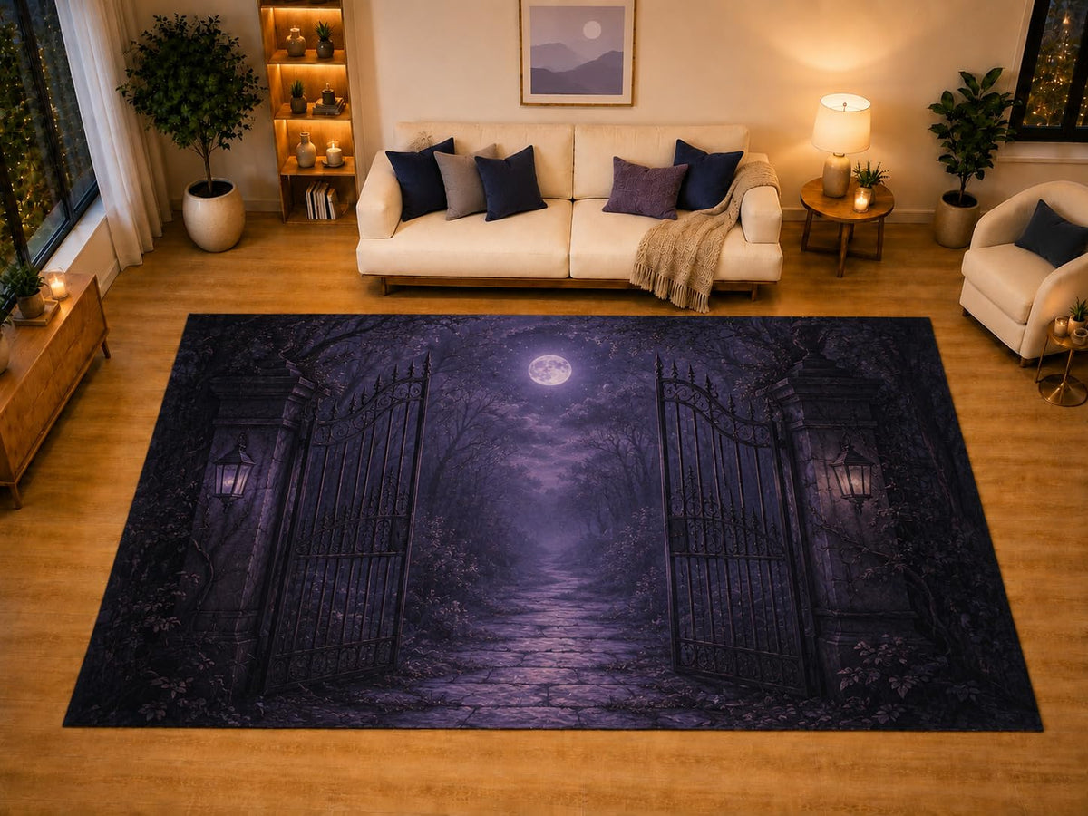 ICE ARMOR "Ultra Light Weight Large 6'7" x 9'10" Gothic Garden Gate Full Moon Area Rug for Living Room Bedroom, Soft Low Pile Non-Slip Backing, Purple Black Enchanted Forest Decor