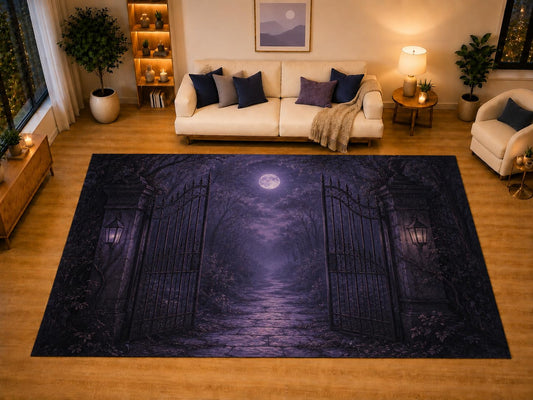 ICE ARMOR "Ultra Light Weight Large 6'7" x 9'10" Gothic Garden Gate Full Moon Area Rug for Living Room Bedroom, Soft Low Pile Non-Slip Backing, Purple Black Enchanted Forest Decor