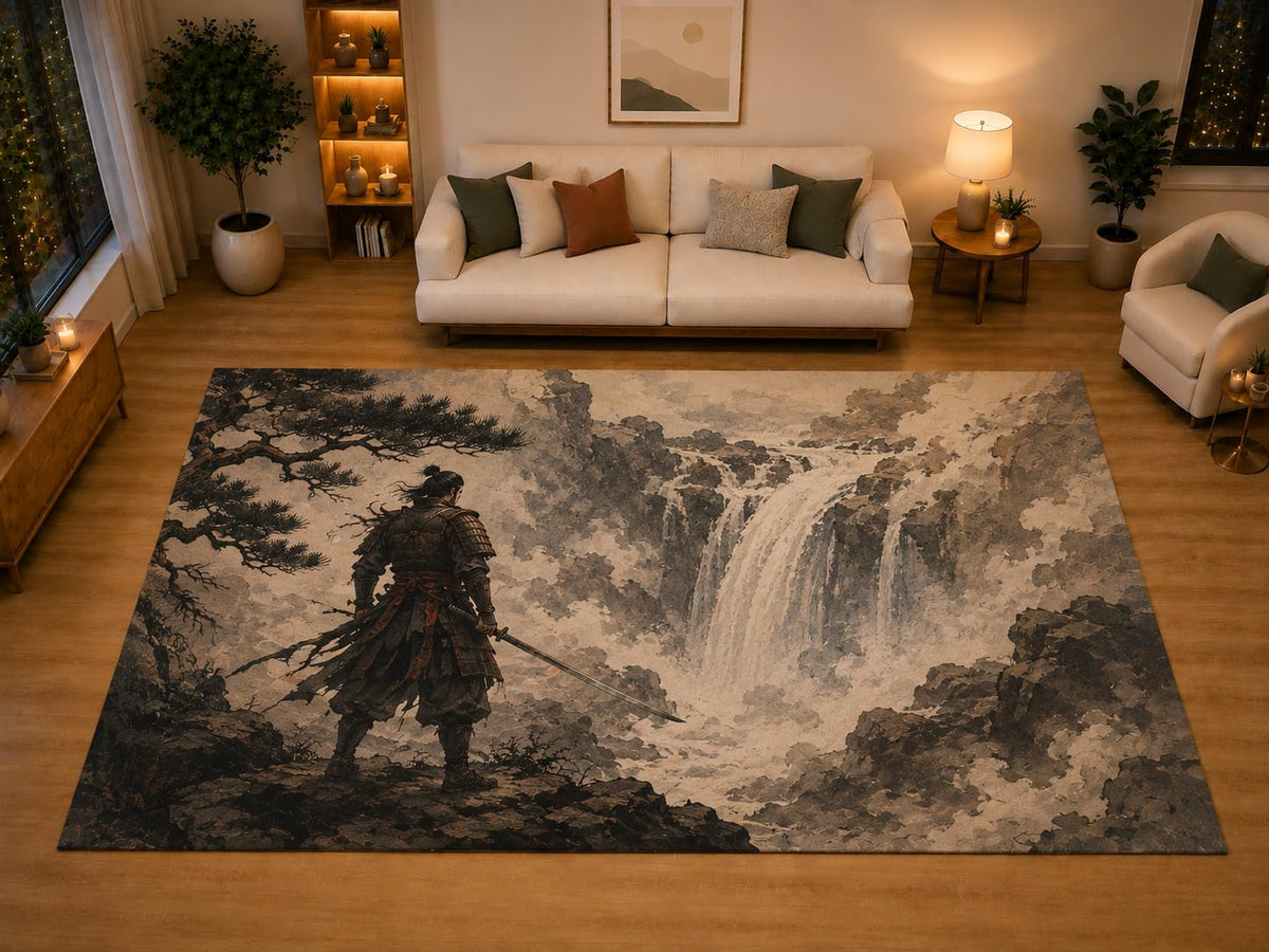 ICE ARMOR "Ultra Light Weight Large 6'7" x 9'10" Waterfall Swordsman Area Rug for Living Room Bedroom Dining Area, Soft Low Pile Non-Slip Backing, Beige Black Brown Eastern Decor