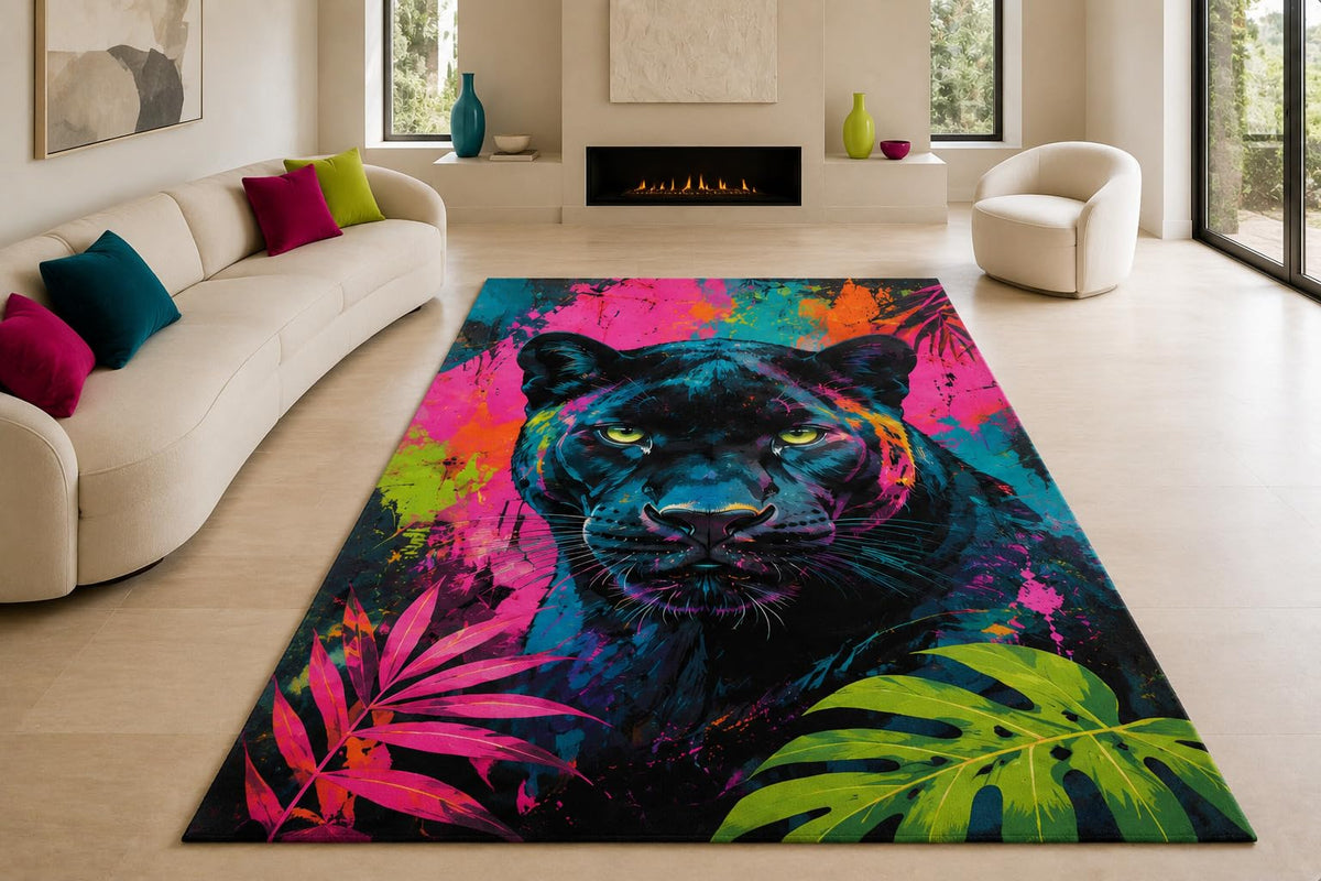 ICE ARMOR "Ultra Lightweight Large 6'7" x 9'10" Pop Art Black Panther Area Rug for Living Room, Bedroom and Home Office, Soft Low Pile Carpet with Non-Slip Silicone Backing, Black and Pink