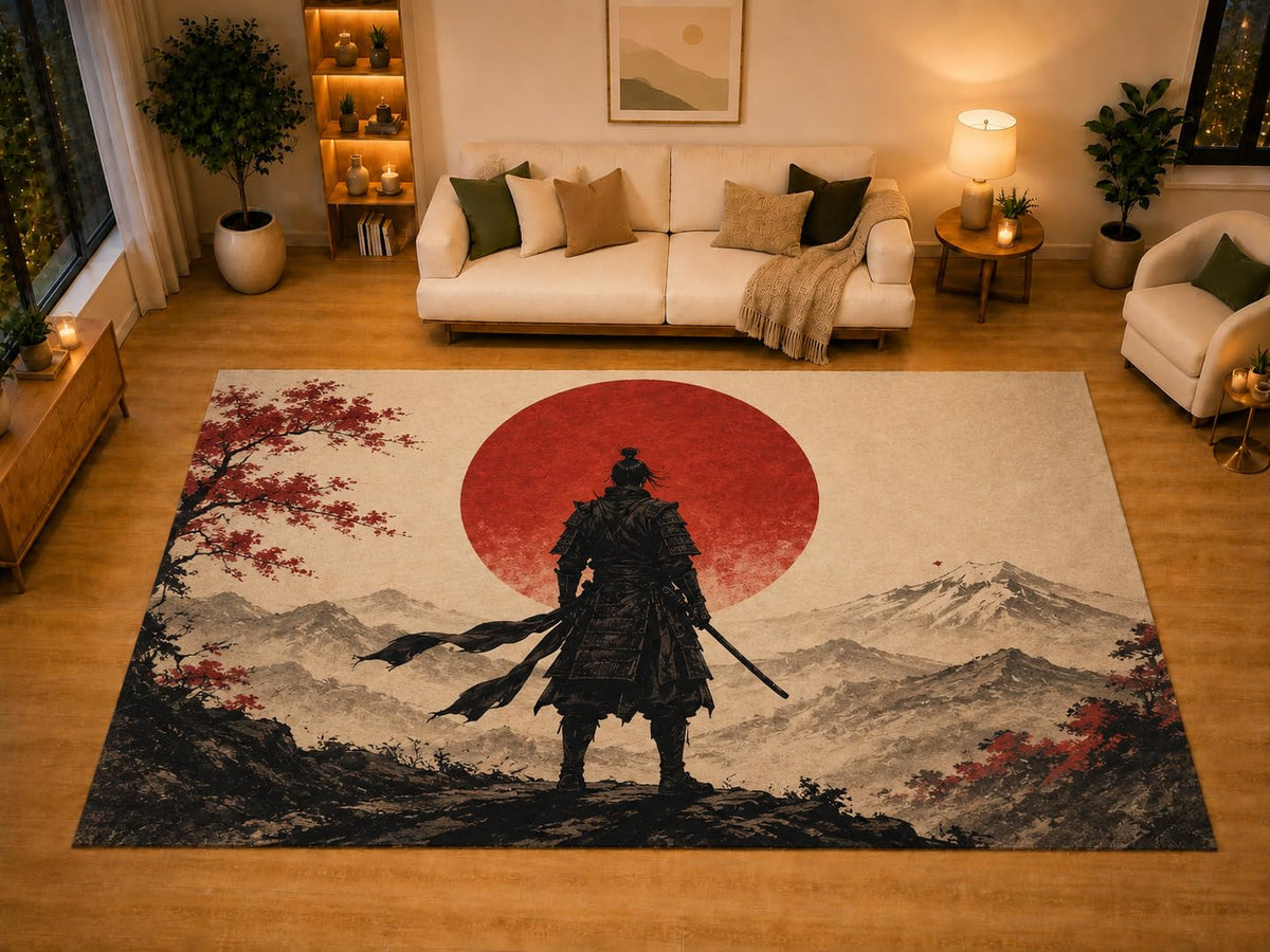 ICE ARMOR "Ultra Light Weight Large 6'7" x 9'10" Samurai Red Sun Area Rug for Living Room Bedroom Dining Area, Soft Low Pile Non-Slip Backing, Beige Red Black Japanese Warrior Decor