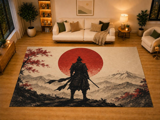 ICE ARMOR "Ultra Light Weight Large 6'7" x 9'10" Samurai Red Sun Area Rug for Living Room Bedroom Dining Area, Soft Low Pile Non-Slip Backing, Beige Red Black Japanese Warrior Decor