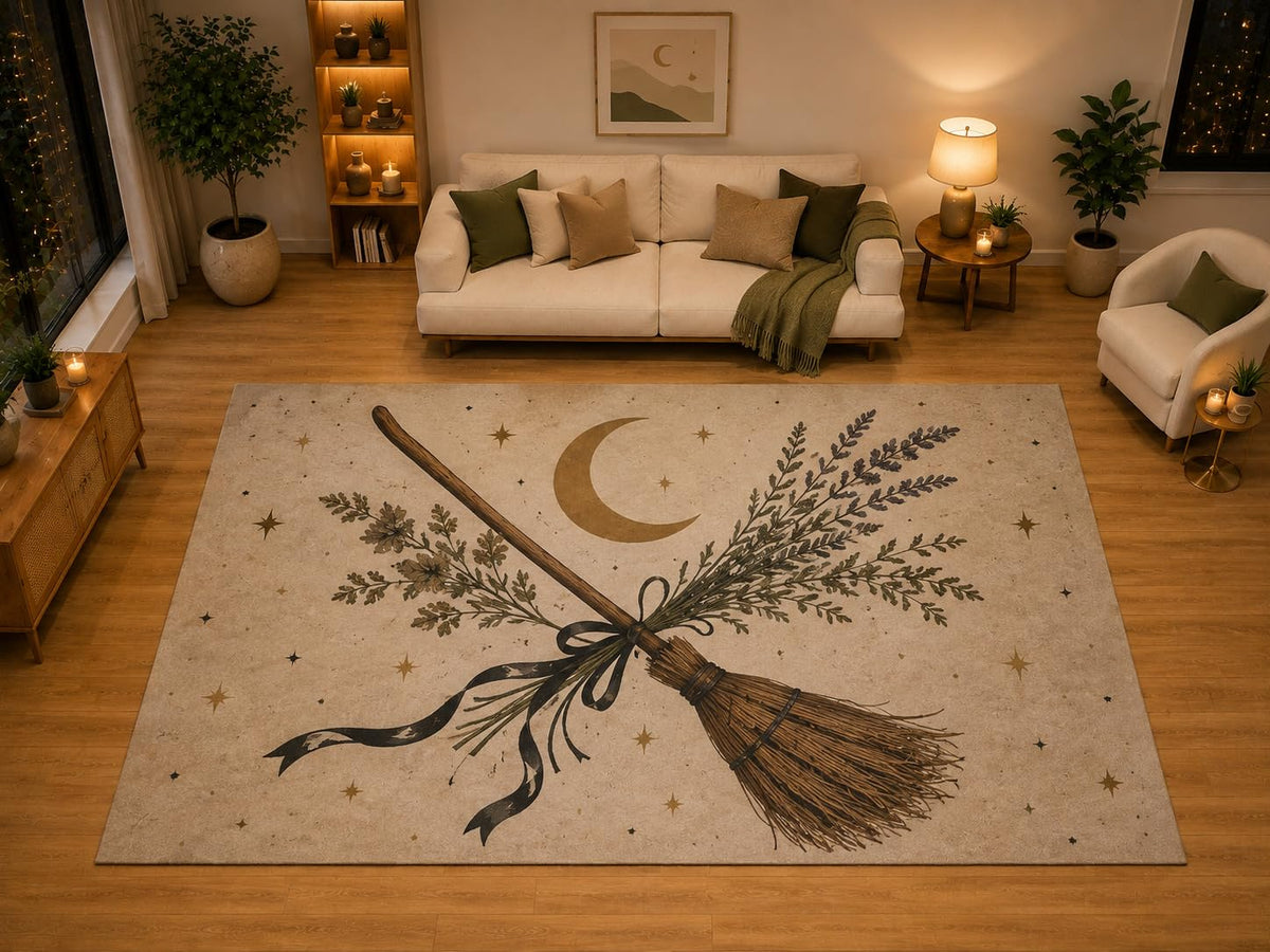 ICE ARMOR "Ultra Light Weight Large 6'7" x 9'10" Witch Broom Crescent Moon Area Rug for Living Room Bedroom, Soft Low Pile Non-Slip Backing, Beige Brown Botanical Witch Decor