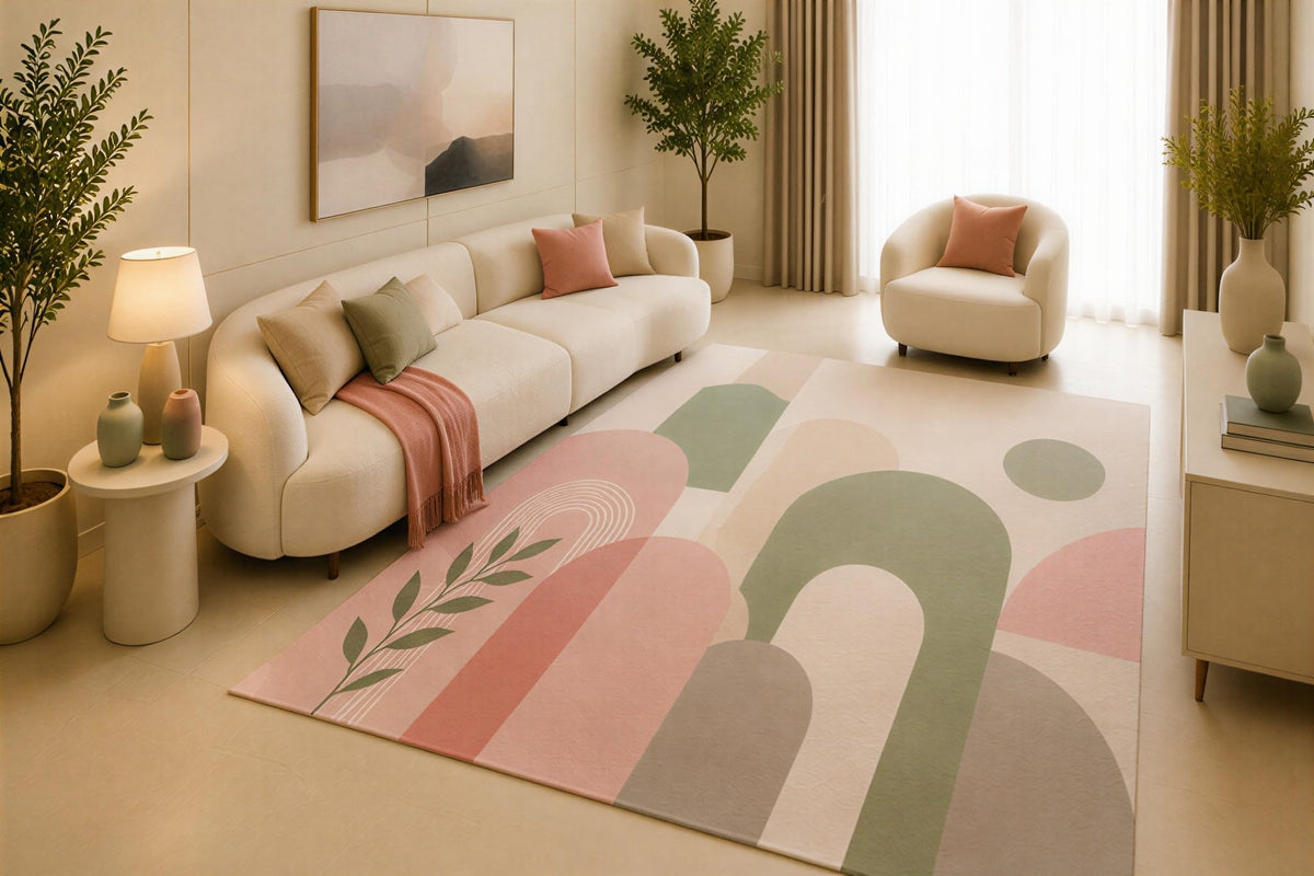 ICE ARMOR 5' x 7' Mid Century Arch Area Rug, Pink Sage Green Modern Botanical Geometric Design for Living Room Bedroom Office, Non-Slip Silicone Backing, Low Pile Carpet